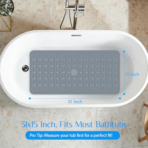 Non Slip Bathtub Mat & Shower Mat, 31x15'' Anti Slip Bath Mat for Tub, Soft TPE Anti-Skid Bathroom Mat with 194 Suction Cups & Drain Holes, Wave-Textured Grip, Machine Washable, Grey - color: Grey