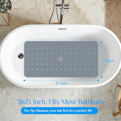 Non Slip Bathtub Mat & Shower Mat, 31x15'' Anti Slip Bath Mat for Tub, Soft TPE Anti-Skid Bathroom Mat with 194 Suction Cups & Drain Holes, Wave-Textured Grip, Machine Washable, Grey - color: Grey