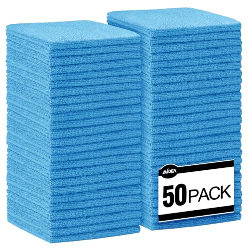 AIDEA Microfiber Cleaning Cloth Blue-50PK, Soft Absorbent Shop Rags, Microfiber Towels for Cars, Kitchen Towels, Dusting Cloth for Home, Window, Cleaning Supplies, 12"×12" - color: Blue