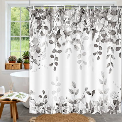 Long Gray Eucalyptus Shower Curtain 72X78 Inch, Black and White Watercolor Plants Leaves Tall Bathroom Curtains, Botanical Foliage Waterproof Fabric Cloth Shower Curtain Set with Hooks - color: Black, size: 72"W x 78"L (Pack of 1)