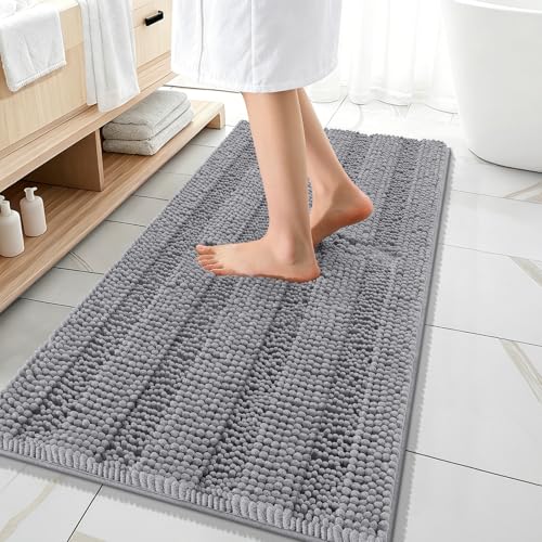 OLANLY Thick Bathroom Runner Rugs 47x20, Soft Chenille Long Bath Rugs, Grey | Absorbent Striped, Rubber Backing, Machine Wash, Bath Mats for Bathroom Floor, Tub and Shower, Home Decor Accessories - color: Grey, size: 47" X 20"