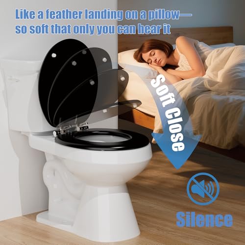 Round Black Slow Close Toilet Seat, Heavy Duty Wood Toilet Seat with Baked Enamel Finish, Support 400 bls, Toilet Lid with Soft Close Zinc Alloy Hinges, Grip-Tight Bumpers, Easy Clean, Quick-Assembly - color: Black, size: Round Slow Close