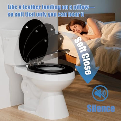 Round Black Slow Close Toilet Seat, Heavy Duty Wood Toilet Seat with Baked Enamel Finish, Support 400 bls, Toilet Lid with Soft Close Zinc Alloy Hinges, Grip-Tight Bumpers, Easy Clean, Quick-Assembly - color: Black, size: Round Slow Close