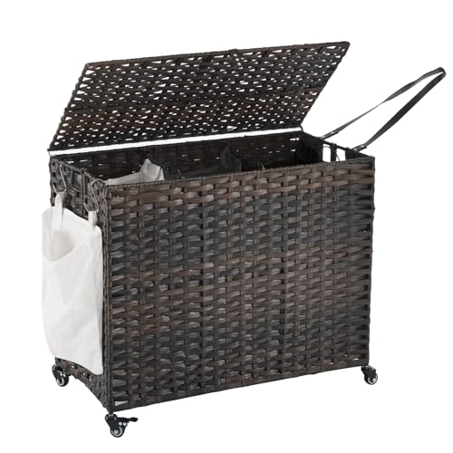 Laundry Hamper with Wheels, 52.8 Gallon(200L) Rolling Laundry Basket with Lid, Removable Large 3 Color Liners & 3 Mesh Laundry Bags, Clothes Hamper with Side Pocket, Brown - color: Brown, size: 31.5"L x 15.75"W x 25.6"H