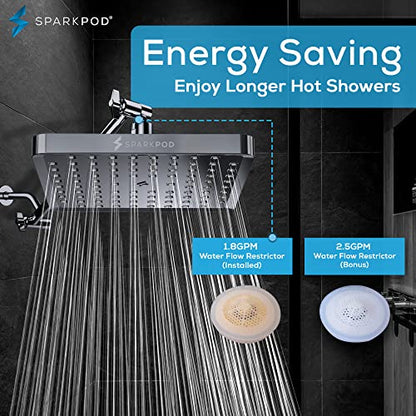 SparkPod Rain Shower Head, 8 Inch Square, Charcoal Grey Finish | High Pressure Shower Heads, 90 Nozzles, Adjustable Showerhead, No Tools Needed, Universal Connection - color: Charcoal Grey, style: 8 Inch Square