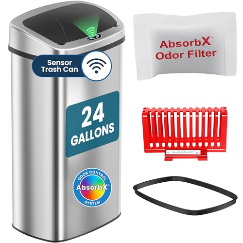 iTouchless 24 Gallon Extra Large Touchless Sensor Trash Can, Commercial Stainless Steel, 91L, AbsorbX Odor Filter, Automatic Kitchen Bin for Home, Office, Restaurant, Lobby, Store - color: Silver and Black 24G