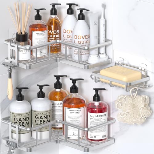 Corner Shower Caddy Organizer, Self-Adhesive Rustproof Bath Shelves with Soap Holder & 4 Hooks, Large Capacity Shower Storage Rack for Bathroom Organization, (3Pack, Silver) - color: Silver