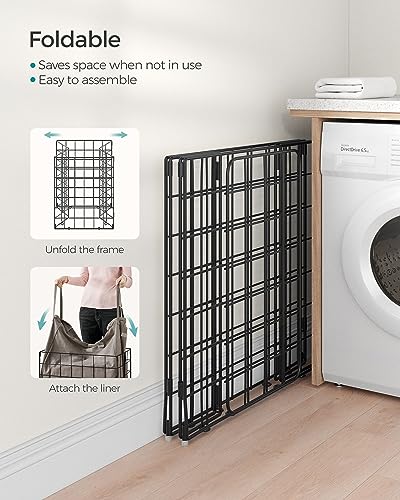SONGMICS Laundry Hamper, 23.8 Gal. (90L) Laundry Basket, Collapsible Clothes Hamper, Removable and Washable Liner, Metal Wire Frame, for Bedroom Bathroom, Black and Camel Brown ULCB190N01 - color: Black + Camel Brown, size: 90 L