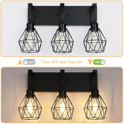 Somniferous Farmhouse Bathroom Light Fixtures, 3 Light Bathroom Vanity Lights Over Mirror, Black Vanity Light with Caged Metal Shade, Rustic Wall Sconce for Bedroom, Living Room, Hallway, E26 Socket - size: 3-Light