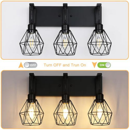 Somniferous Farmhouse Bathroom Light Fixtures, 3 Light Bathroom Vanity Lights Over Mirror, Black Vanity Light with Caged Metal Shade, Rustic Wall Sconce for Bedroom, Living Room, Hallway, E26 Socket - size: 3-Light