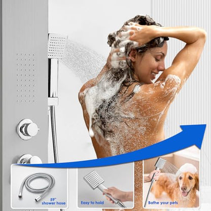 ROVOGO Shower Panel Tower System with 4 Shower Modes, 46.5", No Led Lights | Rain Shower Head, 2 Body Jets, Handheld and Tub Spout, Stainless Steel Shower Column w/ Brass Valves, cUPC Cartridge, Brushed - color: Brushed-no led