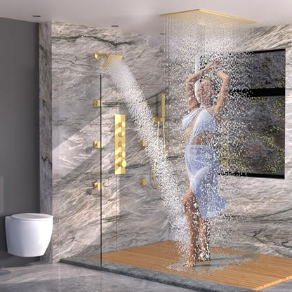 HOMEDEC 15.7x31.5" Rainfall and 6" Dual Shower Heads with Handheld Spray Combo, Full Body Shower System with 6pcs Body Jets, Brushed Gold - color: Brushed Gold, style: 4-Way + 1x 6" Top