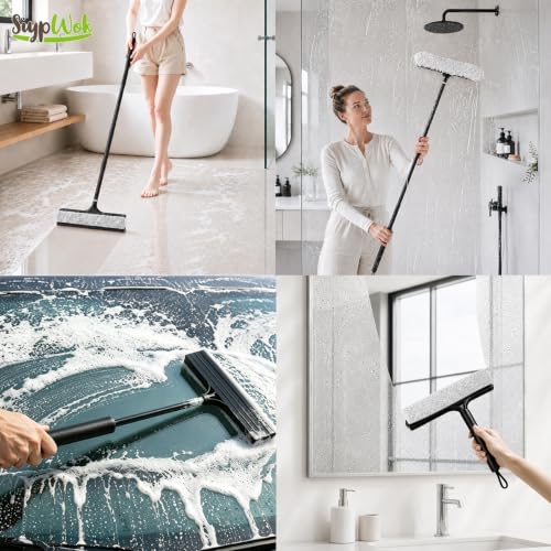 2 in 1 Window Squeegee with Adjustable Telescopic Pole, Shower Glass Squeegee for Indoor Outdoor Windows, Glass Doors, Shower Stalls, Car Windshield, Bathroom Tiles and Hard Floors