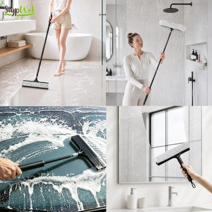 2 in 1 Window Squeegee with Adjustable Telescopic Pole, Shower Glass Squeegee for Indoor Outdoor Windows, Glass Doors, Shower Stalls, Car Windshield, Bathroom Tiles and Hard Floors
