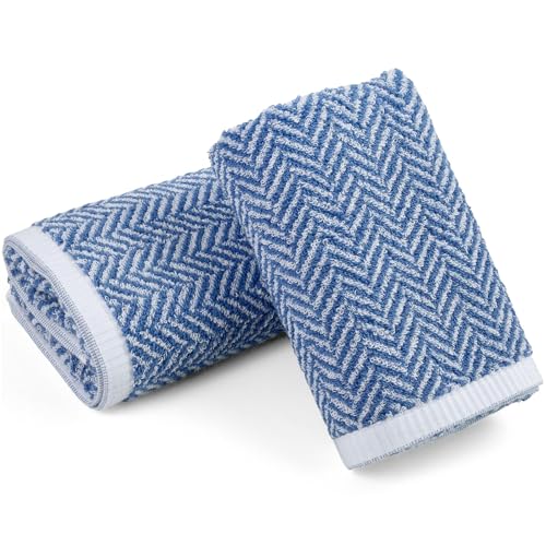 Cleanbear Blue Cotton Hand Towels with Herringbone Pattern, 13 x 28 Inches | Absorbent Decorative Hand Towels set of 2 for Bathroom, Kitchen, Guestroom, Light Blue & White - color: Light-blue
