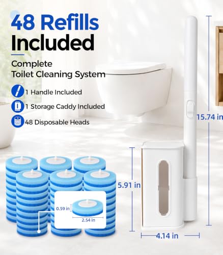 Disposable Toilet Brush and Holder Set with 48 Refills, Toilet Bowl Cleaner | Value Pack;Built-In Cleaner;Cleaner & More Hygienic;Hands-Free Disposal;Fresh Bathroom