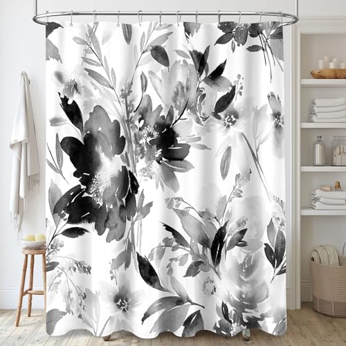 Extra Long Shower Curtain 72 x 84 Inch, Tall Black and White Floral Decor | Watercolor Floral Modern Abstract Flower Bathroom Fabric Shower Curtain Set with Hooks - color: Black, size: 72"W x 84"L (Pack of 1)