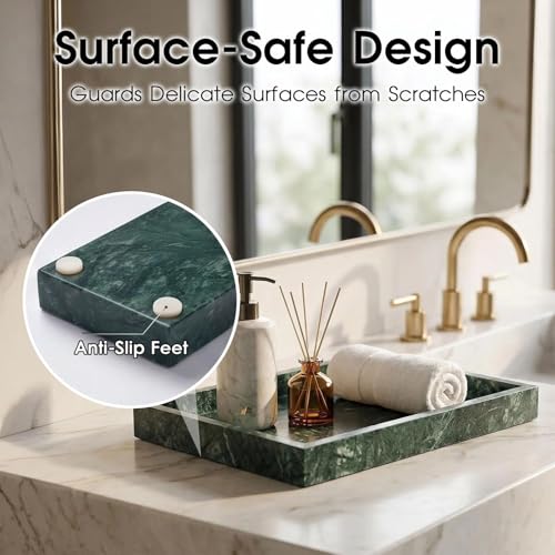 Natural Marble Tray Heavyweight Stone Vanity Tray for Bathroom Countertop, Coffee Table & Dresser - Handcrafted Rectangular Organizer (Green X, 12" x 8" x 1.2") - color: Green X