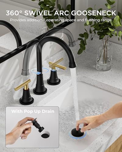 FORIOUS 8 Inch Widespread 3 Hole Bathroom Faucet Black and Gold, Mix Color | FORIOUS Widespread Bathroom Faucet Black and Gold Vanity, Two Handle Matte Black and Brushed Gold Bathroom Sink Faucet 3 Hole - color: Black&Gold