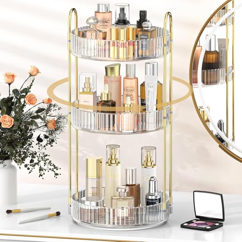 360° Rotating Makeup Organizer, 3 Tier Large Bathroom Makeup Organizers for Vanity, Clear Large Capacity Cosmetic Holder Perfume Storage Shelf