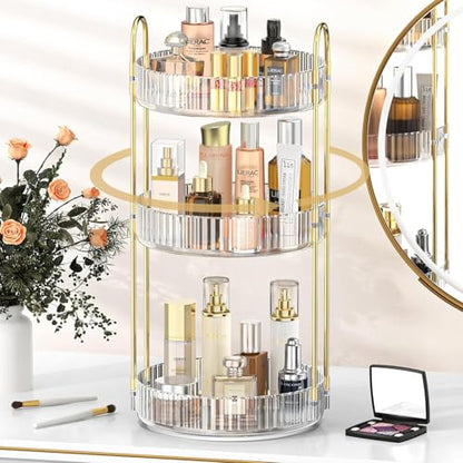 360° Rotating Makeup Organizer, 3 Tier Large Bathroom Makeup Organizers for Vanity, Clear Large Capacity Cosmetic Holder Perfume Storage Shelf