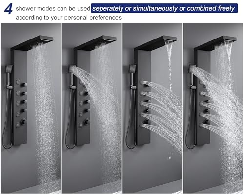 ROVATE 4-in-1 Rainfall Waterfall Shower Panel Tower System, Matte Black | Shower Column with Body Massage Jets and Handheld, Stainless Steel High Pressure, Use Multiple Functions Simultaneously - color: Matte Black