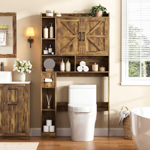 Vabches Over The Toilet Storage Cabinet with 2 Barn Doors, Rustic Brown | Farmhouse Storage Cabinet with Toilet Paper Holder Stand，Home Space-Saving Toilet Rack, for Bathroom, Restroom, Laundry - color: Rustic Brown, style: 2 Barn Doors