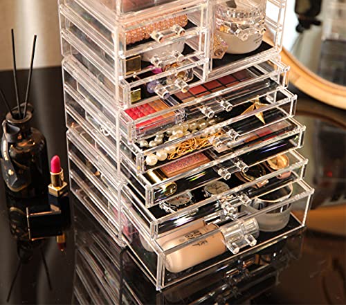 Cq acrylic 4 Pack Clear Make up Organizer Countertop,Stackable 9 Drawers Makeup Storage,Cute Vanity Organizers for dresser Hair Clip,Jewelry,Beauty Product Desk and Bathroom Organizers and Storage - style: Medium-9 drawers With Tray Top