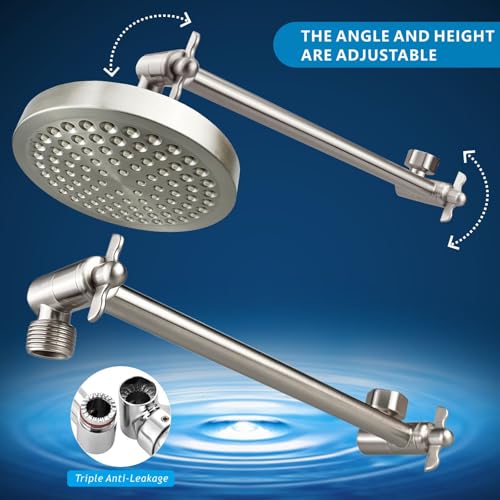 High Pressure Rain Shower Head with 11'' Extension Arm - High Flow Rainfall Showerhead - Luxury Modern Look - Pressure Boosting (Round, Brushed Nickel) - color: Brushed Nickel, style: 6" Round