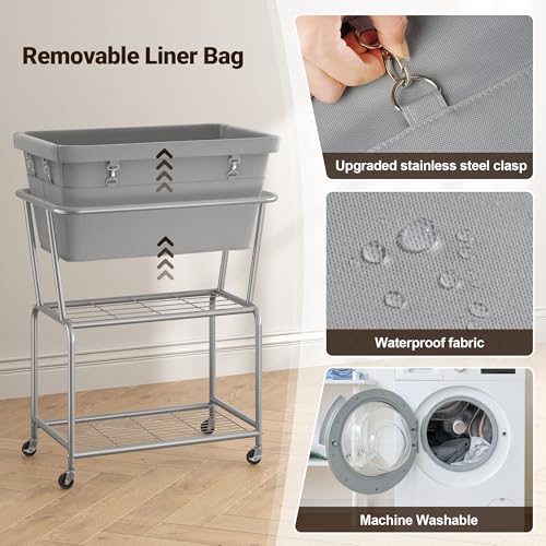 ELYKEN Rolling Laundry Hamper with Wheels, Removable Bag, Laundry Cart | 32-Gallon (122L), 2-Tier Clothes Basket with Shelf, Metal Frame, Ideal for Closet, Bedroom, Bathroom & Laundry Room, Gray - color: Gray, size: 27.4"L x 19.9"W x 30.9"H