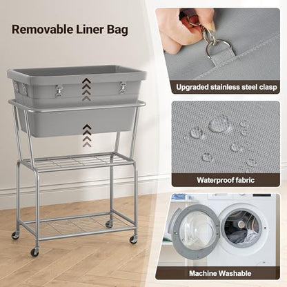 ELYKEN Rolling Laundry Hamper with Wheels, Removable Bag, Laundry Cart | 32-Gallon (122L), 2-Tier Clothes Basket with Shelf, Metal Frame, Ideal for Closet, Bedroom, Bathroom & Laundry Room, Gray - color: Gray, size: 27.4"L x 19.9"W x 30.9"H