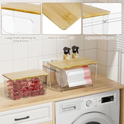 spospo Trash Bag Holder 2-in-1 Under Sink Organizer with Bamboo Lid | Acrylic Trash Bag Dispenser with Pull-Out Basket for Cleaning Supplies, Garbage Bag Holder for Kitchen Laundry Room Storage - size: 2-in-1