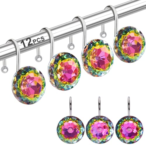12PCS Stainless Steel Shower Curtain Hooks Rings for Bathroom, Rust Proof Metal Crystal Rhinestones Bling Shower Curtain Rings Hangers for Shower Curtains Decorative, Round Heavy Duty Design (Black) - color: Colorful, size: 12pcs