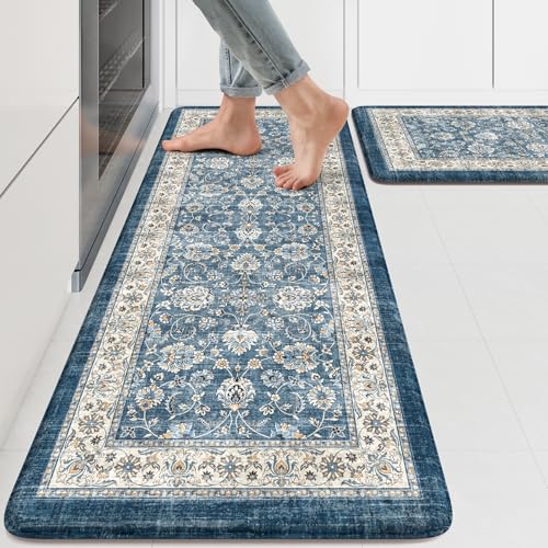 KIMODE Anti Fatigue Kitchen Mats, Boho Vintage Blue Kitchen Rugs Sets of 2 | Non Slip Waterproof Kitchen Floor Mats,Memory Foam Kitchen Mat for Sink,Laundry,Desk,Dorm,RV,Apartment 17.3"x47"+17.3"x29" - color: Blue, size: 17.3" x 47"+17.3" x 29"--0.47 inch