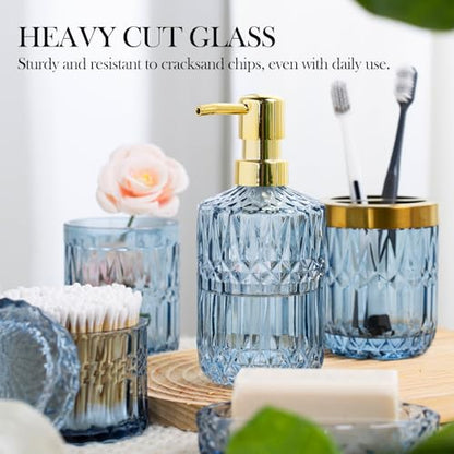 Bathroom Accessory Set 5 Pcs, Glass Bathroom Set Include Soap Dish, Toothbrush Holder, Mousewash Cup, Soap Dispenser, Cotton Swab Jar, Blue - color: Blue, style: 5 Pack