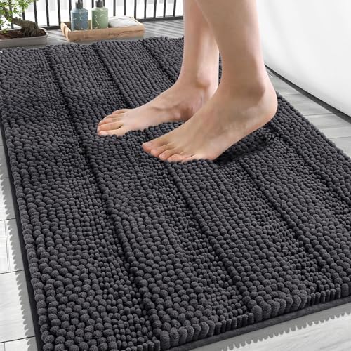 OLANLY Thick Bathroom Rugs 34x21, Chenille Striped Bath Rugs, Dark Grey | Rubber Backing, Machine Wash, Extra Soft Absorbent Bath Mats for Bathroom Floor, Tub and Shower, Home Decor Accessories - color: Dark Grey, size: 34" X 21"