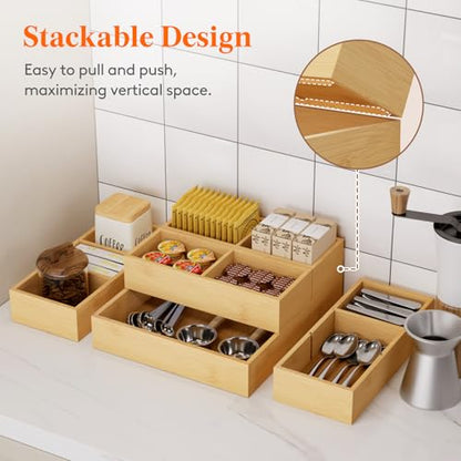 Lifewit Drawer Organizers 5 Pack(11 Grid) with 6 Inserts | Adjustable Bamboo Wooden Trays for Utensils, Silverware, Makeup, Kitchen, Bathroom, Office, Vanity Storage