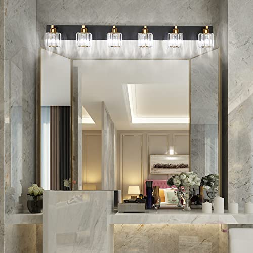 Aipsun Bathroom Light Fixtures Crystal Vanity Light Black and Gold 6 Lights Vanity Lighting Fixtures (Exclude Bulb) - color: Black Gold (Round), size: 49 inch