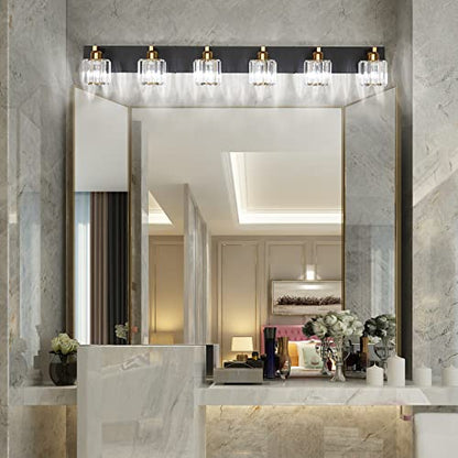 Aipsun Bathroom Light Fixtures Crystal Vanity Light Black and Gold 6 Lights Vanity Lighting Fixtures (Exclude Bulb) - color: Black Gold (Round), size: 49 inch