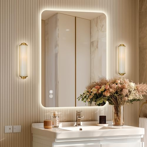 36''x24'' Lighted Mirrors for Bathroom Wall Backlit Rectangular Rounded Corners, LED Bathroom Mirror Frameless with Lights Anti Fog, Dimmable, 3 Colors,Tempered Glass, Shatter-Proof (Color 2) - color: Color 2, size: 36"L x 24"W