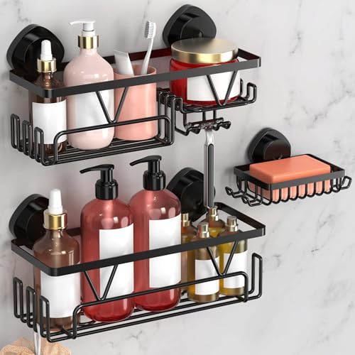 KEGII Shower Caddy Suction Cup, 3 Pack Removable Shower Shelves with Hooks & Soap Holder, No Drilling Bathroom Organizer, Waterproof Suction Storage for Inside Shower, Black