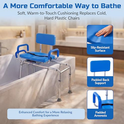 Carousel Sliding Shower Chair Tub Transfer Bench with Swivel Seat, Bariatric, Premium Padded with Pivoting Arms, High Capacity, Heavy Duty for Tubs, Inside Shower, for Handicap & Seniors, Blue | Slide Safely In & Out of the Tub - Blue, padded seat, padded