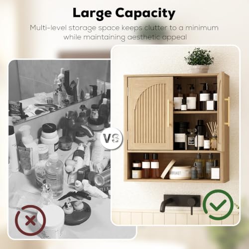 RUSTOWN Fluted Bathroom Wall Cabinet with Arched Doors & Rounded Edges | Over The Toilet Storage Cabinet with Adjustable Shelf, Mid Century Modern Medicine Cabinets, Laundry & Kitchen Shelving Unit - color: Natural Oak