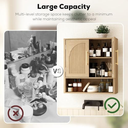 RUSTOWN Fluted Bathroom Wall Cabinet with Arched Doors & Rounded Edges | Over The Toilet Storage Cabinet with Adjustable Shelf, Mid Century Modern Medicine Cabinets, Laundry & Kitchen Shelving Unit - color: Natural Oak