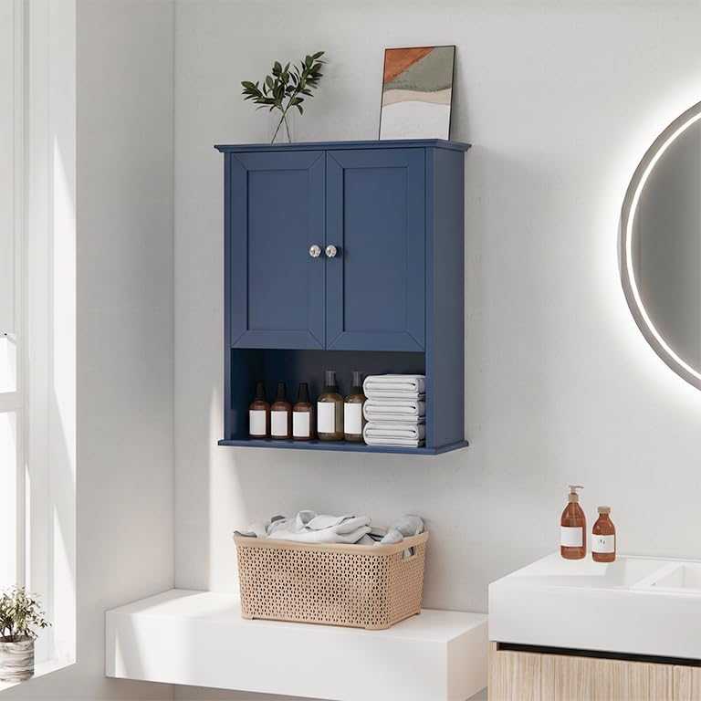 Medicine Cabinet, Over The Toilet Storage Cabinet, 24x30 Inch Wall Mount Bathroom Storage Cabinet with 2 Doors & Adjustable Shelf, Wooden Bathroom Wall Cabinet, Navy Blue - color: Blue