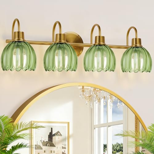 4-Light Bathroom Light Fixtures, 27" Brushed Gold Vanity Lights for Bathroom with Ribbed Green Tulip Glass Shade, Vintage Bathroom Vanity Lighting Fixtures Over Mirror for Bedroom Living Room Hallway - color: Brushed Gold - Tulip Green, size: 4-light