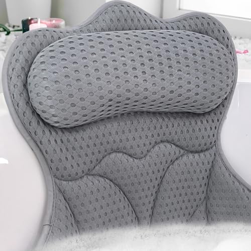 REEZEIVI Bath Pillows for Tub,Thick Neck Back Support Bathtub Cushion,Gray | 4D breathable body-fitting mesh, 6 strong anti-slip suction cups, machine washable & quick drying, durable for all bathtubs - color: Grey