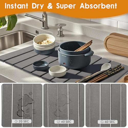 Drying Matt Kitchen Counter， Foldable Stone Quick Dish Drying Mat | Dark Gray, Large Size Stone Drying Mat for Kitchen Counter 23.6"×15.4"Dish Drying Mat