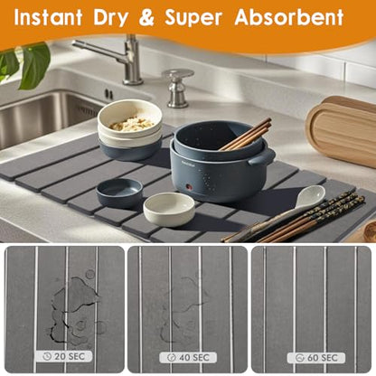 Drying Matt Kitchen Counter， Foldable Stone Quick Dish Drying Mat | Dark Gray, Large Size Stone Drying Mat for Kitchen Counter 23.6"×15.4"Dish Drying Mat