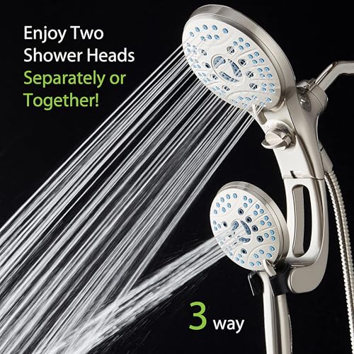 AquaCare 50-mode High Pressure Shower Head Combo with Arm & Dual Power Wash | Hygienic Jets, 2-mode Handheld Power Wash for Tub, Tile & Pets, Long 6 ft. Stainless Steel Hose, Extra Wall Bracket / Nickel - color: Satin Nickel, style: 1.8 Gallons Per Minute